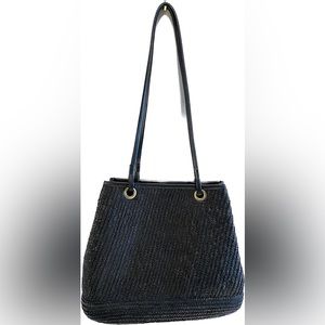 Black Woven Raffia Shoulder Bag Medium Size with Brass Hardware 2 Pockets